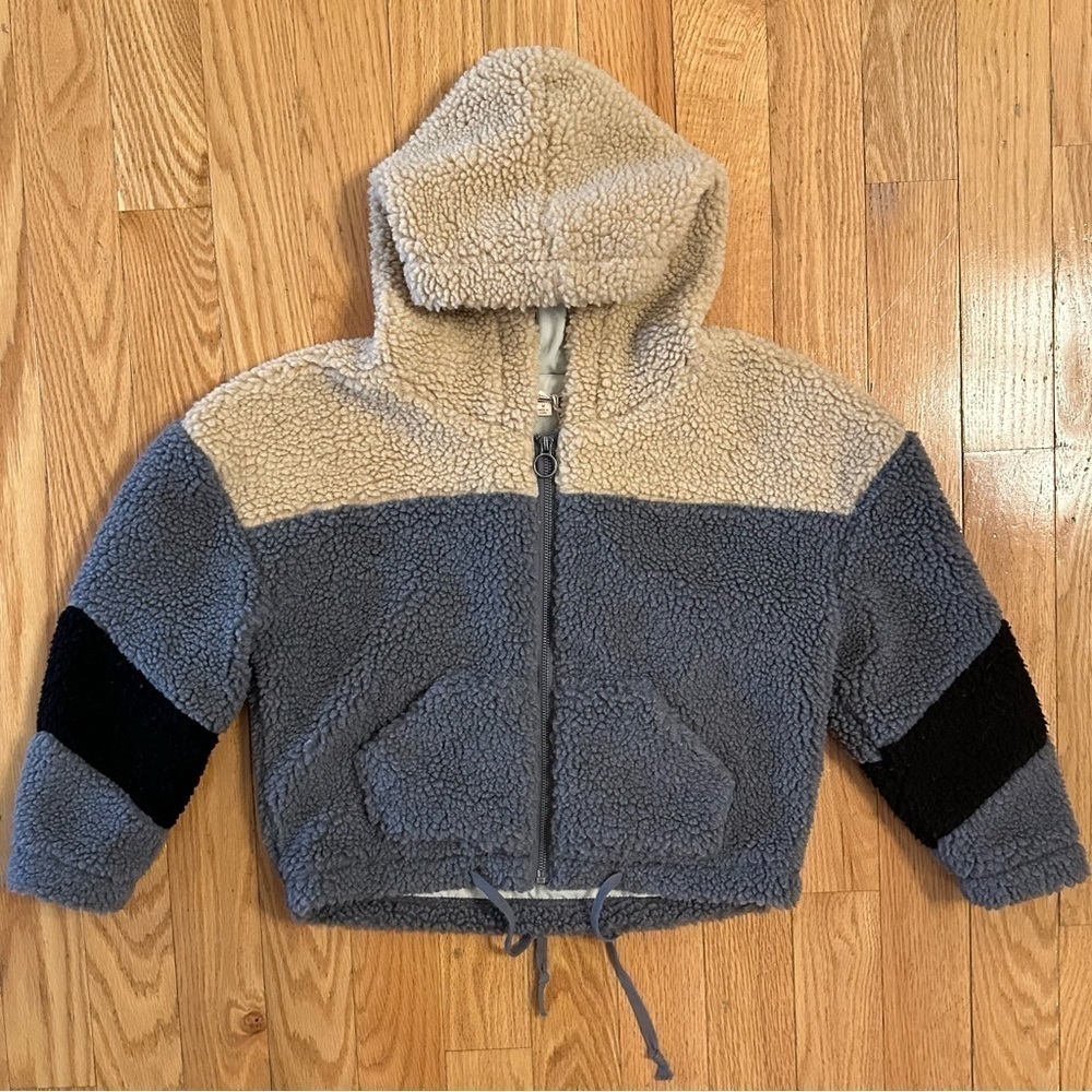 Vintage Havana Cropped Sherpa Shearling Fluffy Coat Hood Zip Jacket Womens M